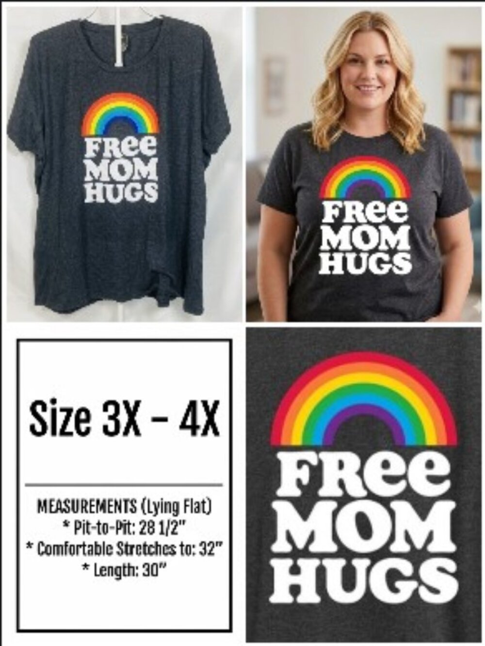 Plus Size 3X Free Mom Hugs Pride Ally Rainbow Safe Space Charcoal Tee 3X- 4X 3XW